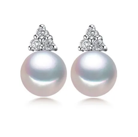 Boucles d'oreilles clous en perles de culture d'eau douce blanches et zircons cubiques en triplet- Signature Pearls
