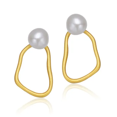 Sterling Silver 14k Gold Plated with Genuine Freshwater Round Pearl Drop Earrings