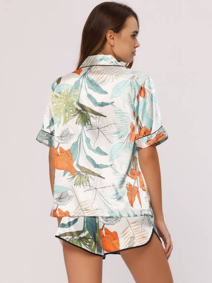 cheibear - Satin Solid Color Stripe Summer Pajamas Sets