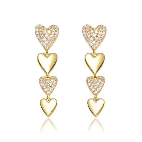 Genevive Boucles d'oreilles pendantes en argent sterling plaqué or jaune 14 carats avec oxyde de zirconium double cœur Stampato