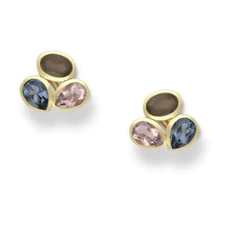 18K Goldtone Plated Sterling Silver Pink, Blue & Brown Gemstone CZ Teardrop Clustered Stud Earrings- AG Sterling