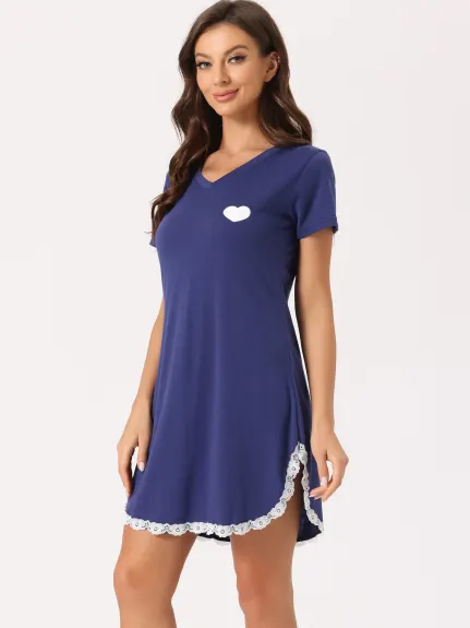 cheibear - Lace Trim Short Sleeves Lounge Nightgown