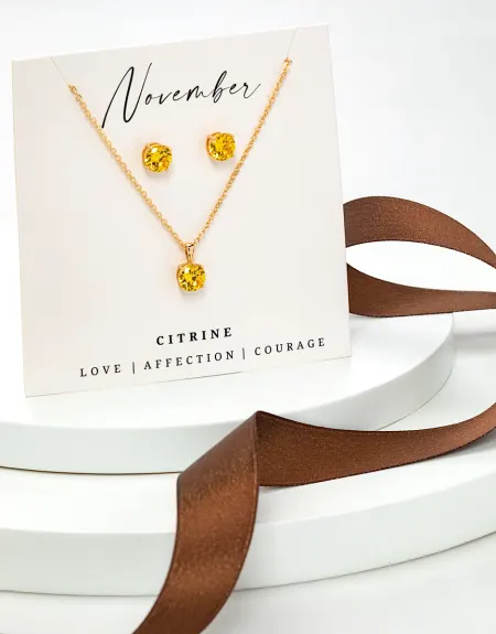Goldtone November Citrine Birthstone CZ Earring & Necklace Set