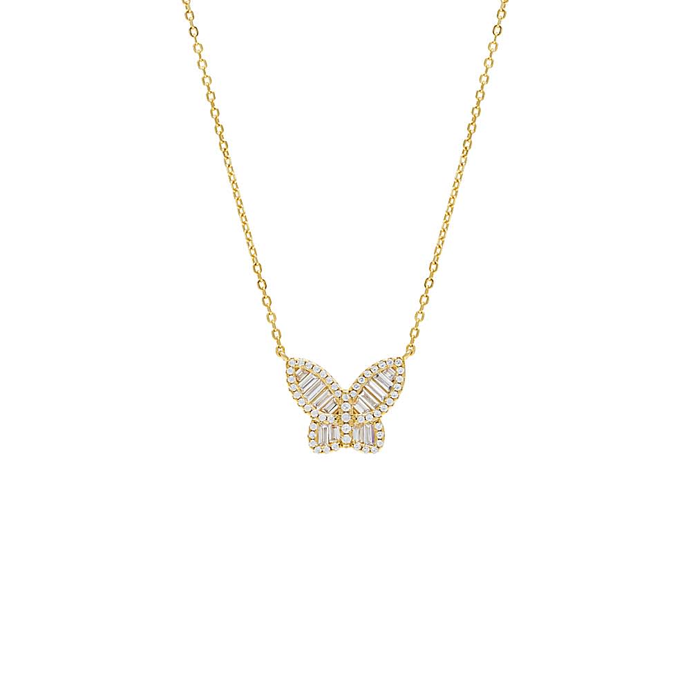 By Adina Eden -SMALL PAVE X BAGUETTE BUTTERFLY NECKLACE - SILVER