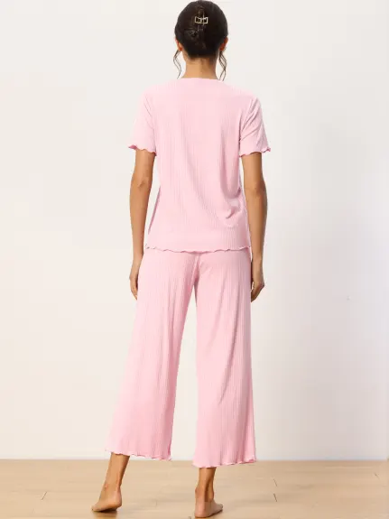 cheibear - Round Neck Knit Short Sleeve Pajamas Set