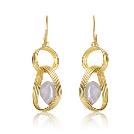 Genevive Boucles d'oreilles pendantes en argent sterling plaqué or jaune 14 carats avec perles blanches baroques double goutte
