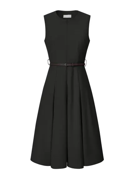 Hobemty- Sleeveless Zip Up Belted Fit and Flare Dress