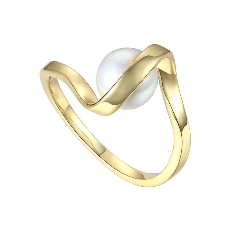 Genevive Sterling Silver 14k Yellow Gold Plated with Freshwater Pearl Double Weave Band Ring