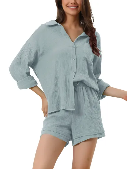 cheibear - Button Down Shirt with Shorts Lounge Set