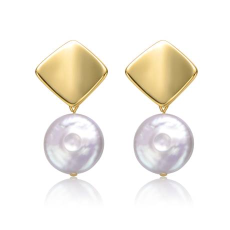 Genevive Sterling Silver 14k Yellow Gold Plated with White Coin Pearl Double Dangle Square Earrings
