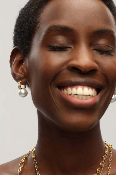 Classicharms-Gold Pearl Drop Hoop With Zirconia Embellishment Earrings