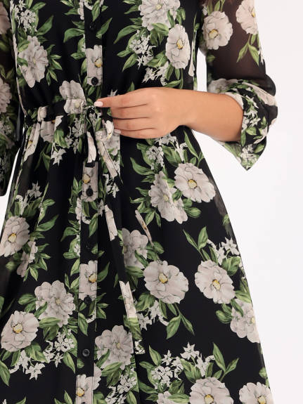 Hobemty- Floral Half Sleeve Tie Waist Button Down Dress