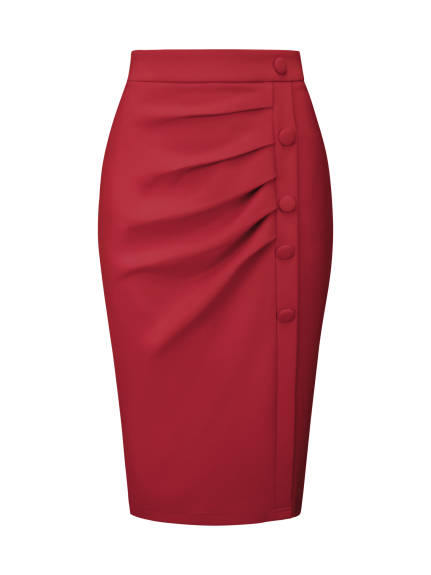 Hobemty- High Waist Pleated Front Midi Pencil Skirt