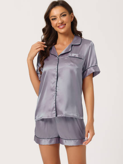 cheibear - Ensemble chemise de nuit boutonnée en satin avec short