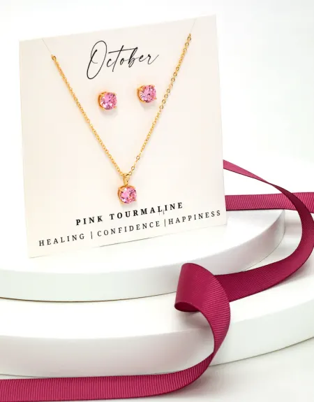 Boucles d'oreilles et collier en or avec pierre de naissance Tourmaline rose d'octobre CZ