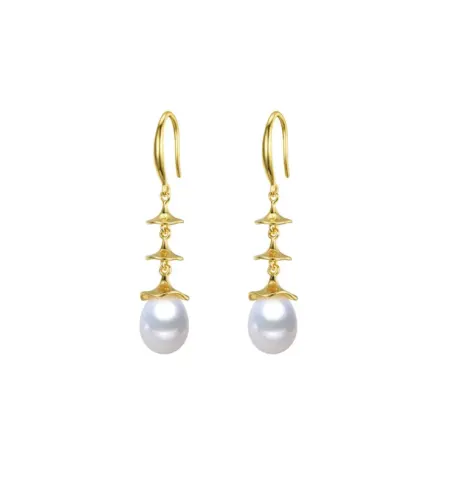 Boucles d'oreilles pendantes en argent sterling plaqué 18 carats avec perle de culture d'eau douce blanche et bouchon- Signature Pearls