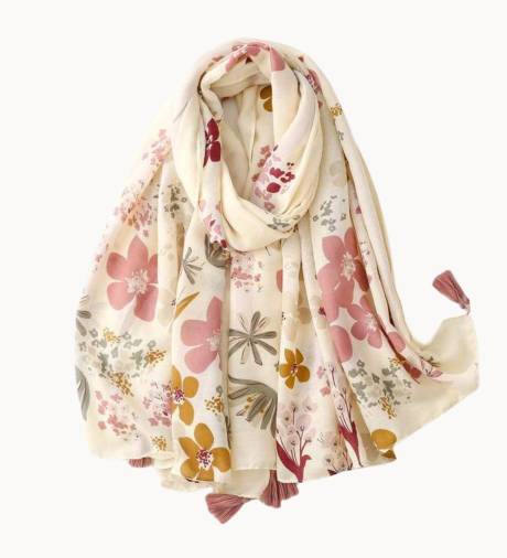 Ivory and Dusty Rose Vintage Floral Scarf with Tassel - Don't AsK