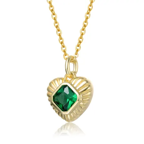 Genevive Sterling Silver 14k Yellow Gold Plated with Emerald Cubic Zirconia Sunray Heart Pendant Necklace
