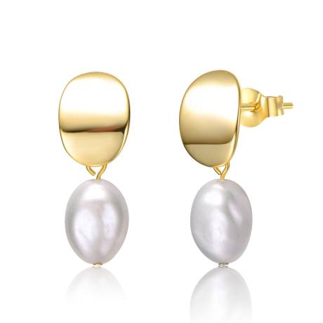 Genevive Boucles d'oreilles pendantes en argent sterling plaqué or jaune 14 carats avec médaillon ovale en perles blanches