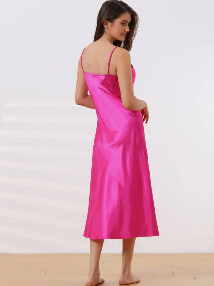 cheibear - Silky Split Hem Satin Lingerie Nightgown