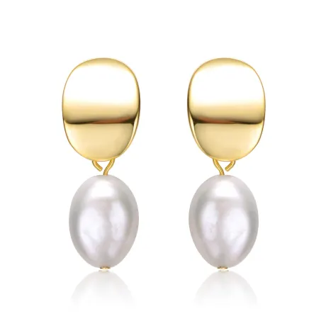 Genevive Sterling Silver 14k Yellow Gold Plated Oval White Pearl Drop Medallion Dangle Earrings