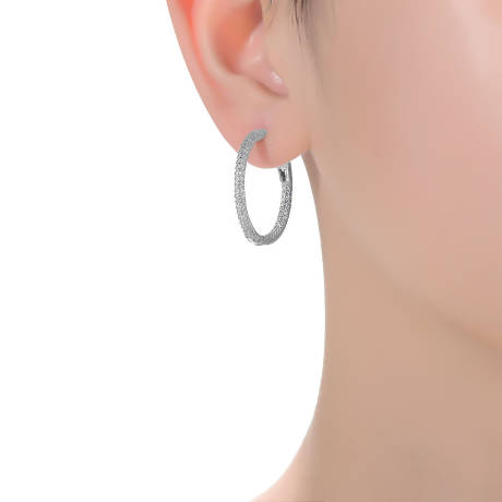 Genevive Sterling Silver with Clear Cubic Zirconia Encrusted Slim Hoop Earrings