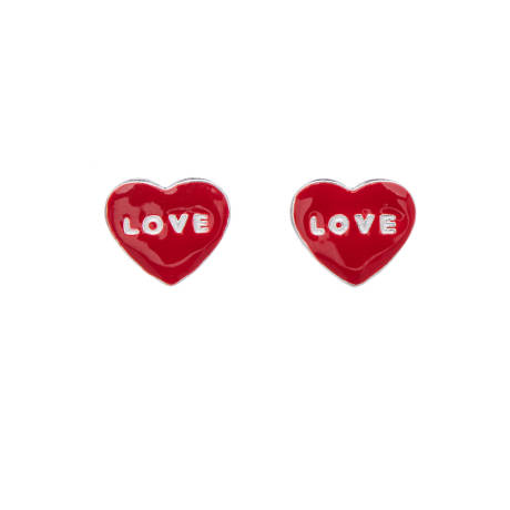 Ag Sterling - Red Sterling Silver LOVE Heart Stud Earrings