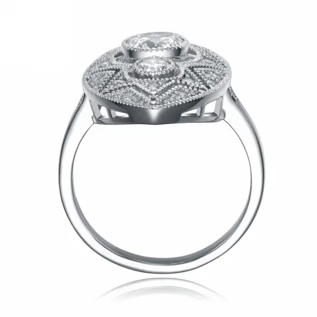 Genevive Sterling Silver White Gold Plating with Clear Round Cubic Zirconia Filigree Ring