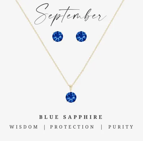Boucles d'oreilles et collier en or avec pierre de naissance saphir bleu de septembre CZ