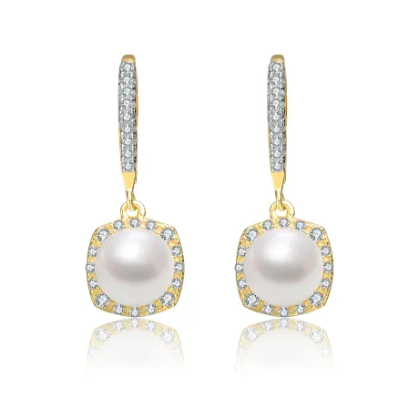 Genevive Sterling Silver with White Pearl Drop Cubic Zirconia Leverback Dangle Earrings