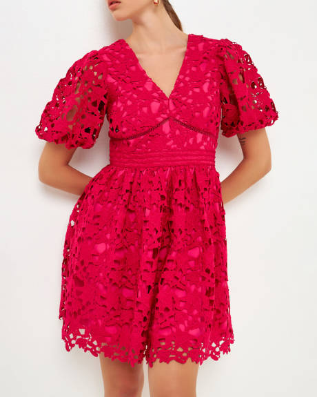 endless rose- Crochet Lace Puff Sleeve Mini Dress