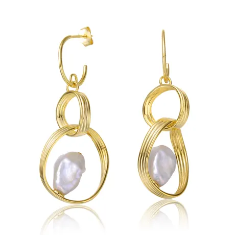 Genevive Sterling Silver 14k Yellow Gold Plated with Baroque White Pearl Double Drop Half-Hoop Dangle Earrings