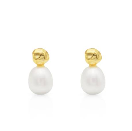 Boucles d'oreilles clous en argent sterling plaqué 18 carats en forme de perles de culture d'eau douce blanches- Signature Pearls