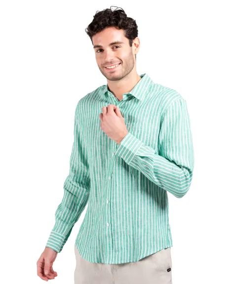 Coast Clothing Co. - Long Sleeve Green Stripe Linen Shirt