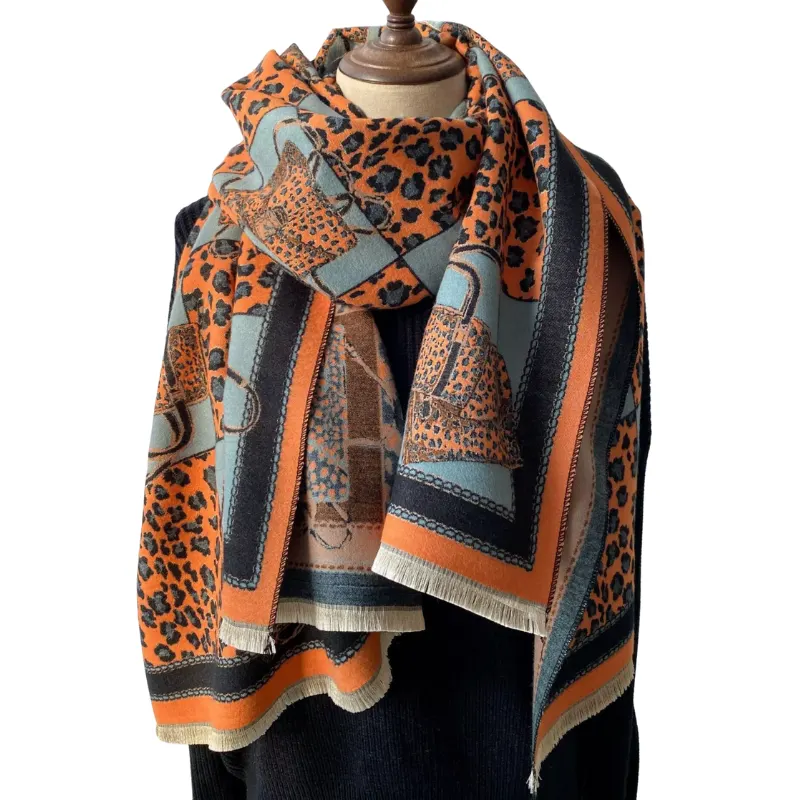 Luxurious leopard and geometric scarf in dusy blue- Don't AsK