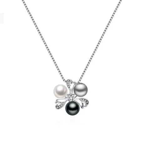 Collier pendentif en argent sterling avec zircons cubiques et perles de culture d'eau douce blanches, noires et grises en grappe- Signature Pearls