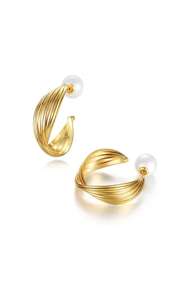 Classicharms-Gold Twisted Wave Hoop Earrings and Pearl Studs Set
