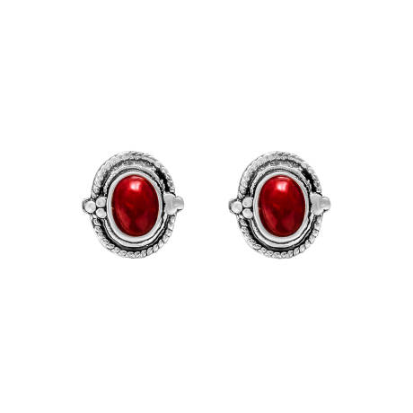 Ag Sterling - Sterling Silver   Red Oval Stud Earrings