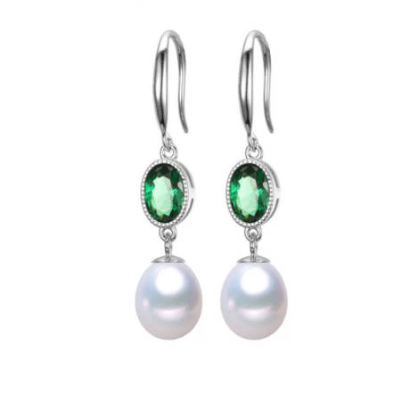 Boucles d'oreilles pendantes en argent sterling avec perle de culture d'eau douce blanche et zircone cubique ovale vert émeraude- Signature Pearls