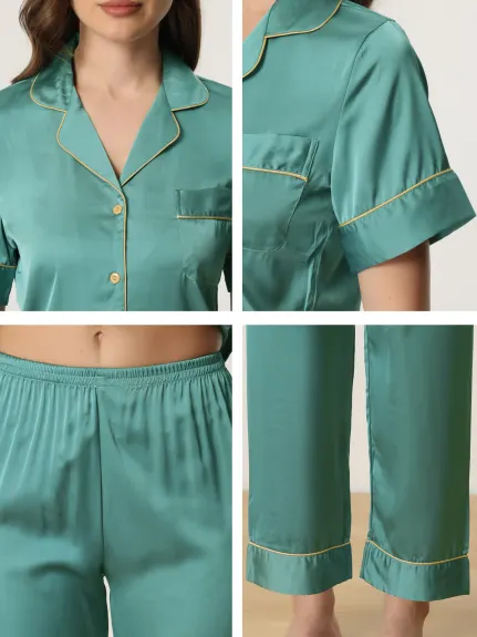 cheibear - Satin Button Shirt with Pants Pajama Set