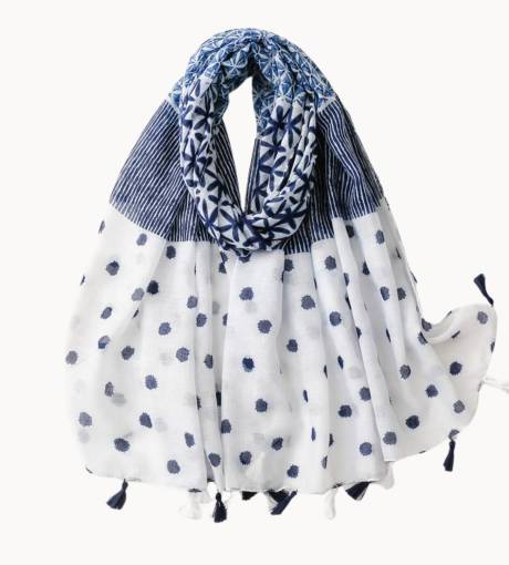 Geometric and Navy Dot Scarf with Tassels - Don't AsK