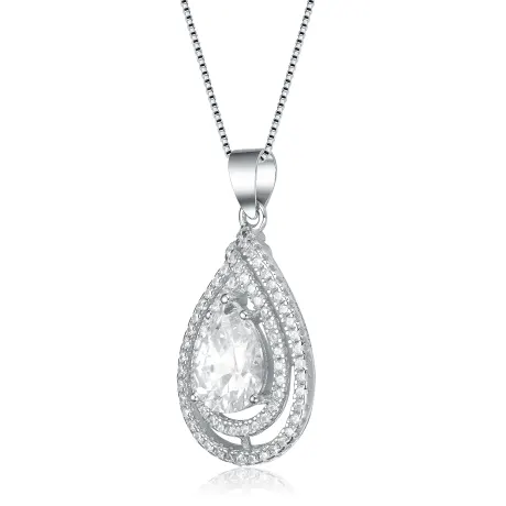 Genevive Sterling Silver White Gold Plated with Clear Cubic Zirconia Pear Shape Pendant