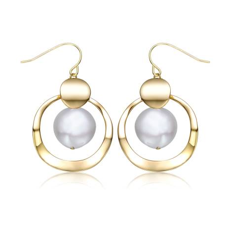 Genevive Sterling Silver 14k Yellow Gold Plated with White Pearl Concentric Halo Dangle Drop Earrings