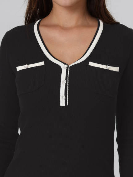 Hobemty- Blouse côtelée en tricot de couleur contrastée