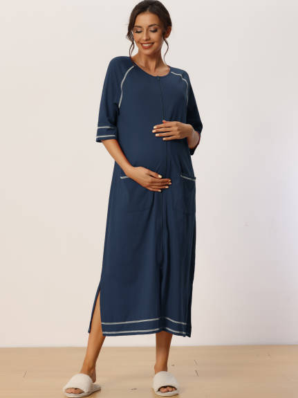 cheibear - Zipper Long Sleeve Midi Nightgown with Pockets