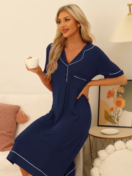 cheibear - Collared Summer Button Up Lounge Nightgown