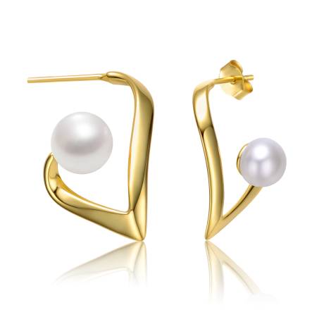 Genevive Sterling Silver 14k Yellow Gold with White Pearl Open Geometric Abstract Art Earrings