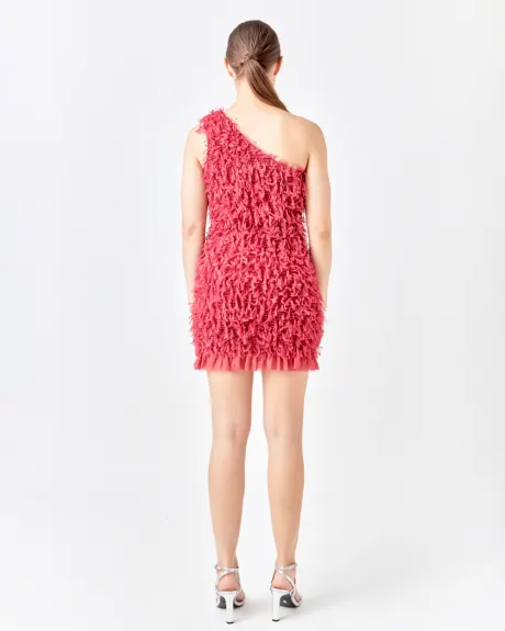 endless rose- Mesh Trimmed One Shoulder Mini Dress