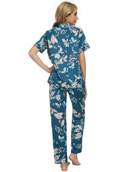 cheibear - Ensemble de pyjama d'été fleuri en satin boutonné