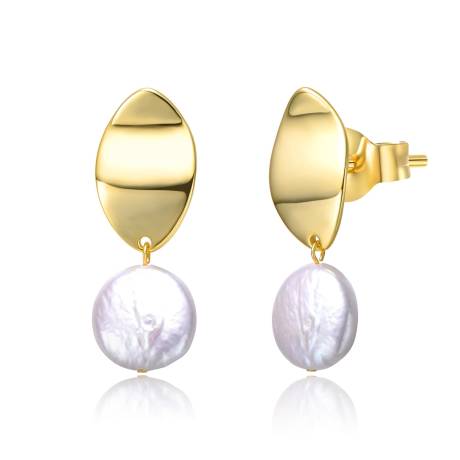 Genevive Sterling Silver 14k Yellow Gold Plated with White Coin Pearl Dangle Drop Marquise Medallion Earrings